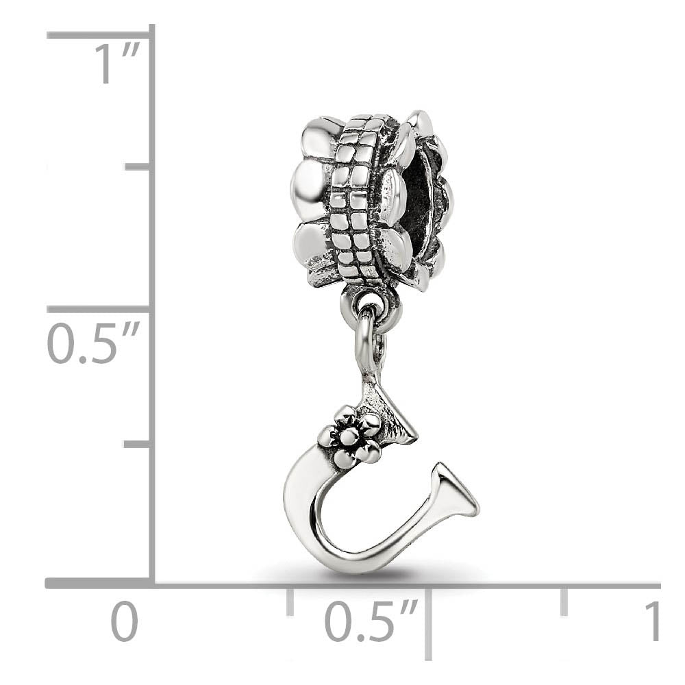 Alternate view of the Sterling Silver Letter U, Dangle Bead Charm by The Black Bow Jewelry Co.