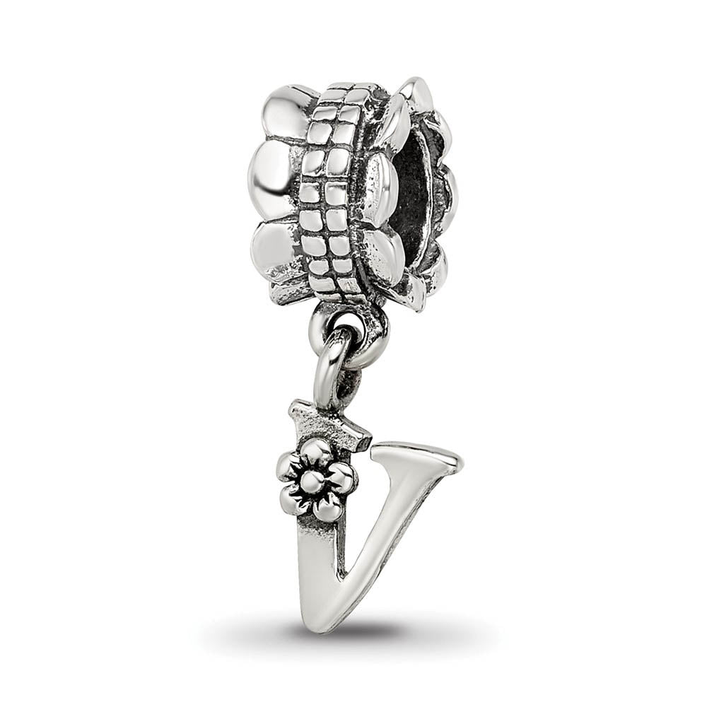 Sterling Silver Letter V, Dangle Bead Charm, Item B9804 by The Black Bow Jewelry Co.