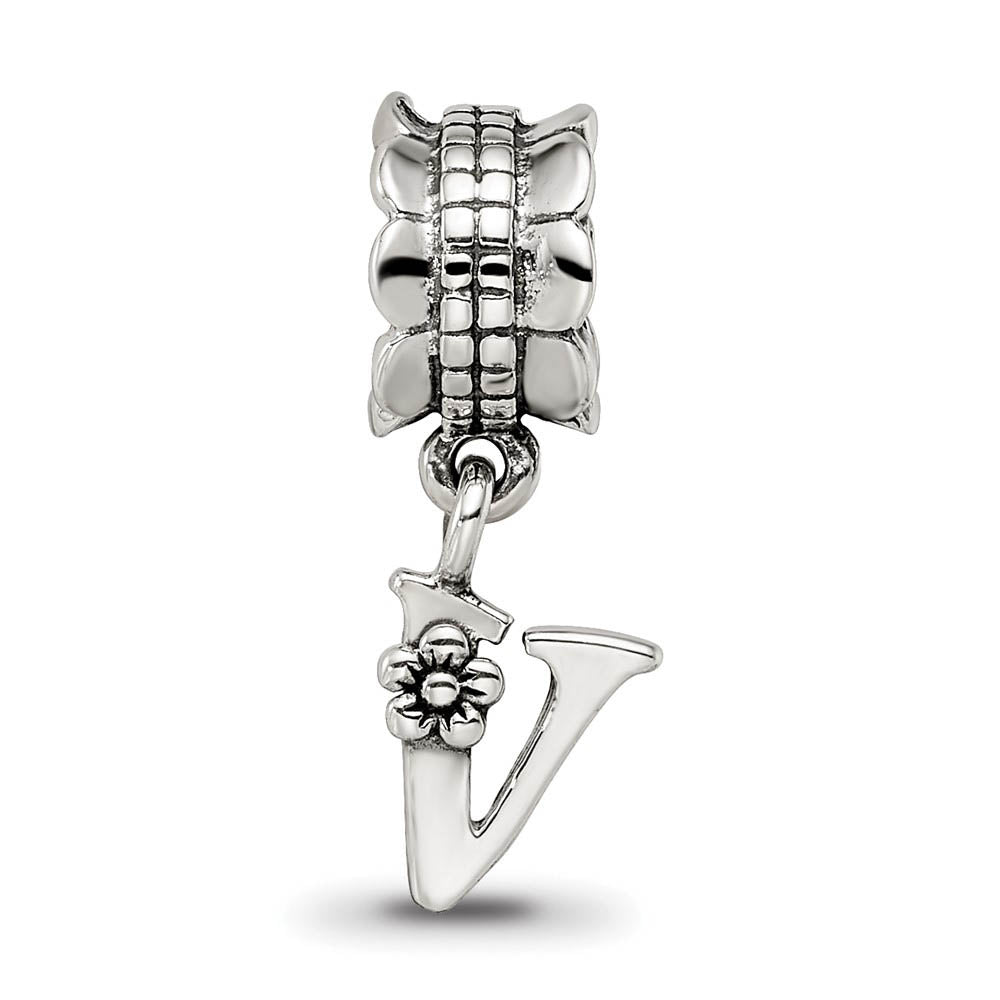 Alternate view of the Sterling Silver Letter V, Dangle Bead Charm by The Black Bow Jewelry Co.