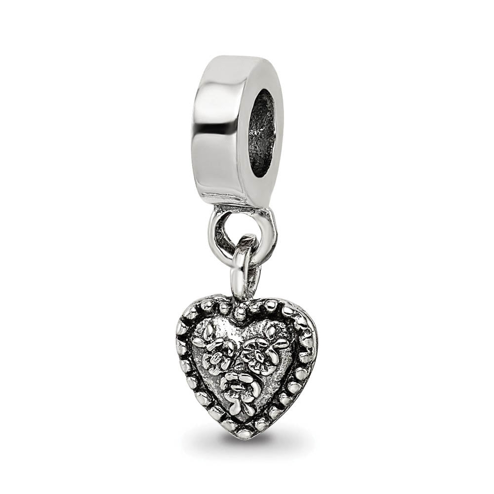 Sterling Silver Floral Heart Dangle Bead Charm, Item B9813 by The Black Bow Jewelry Co.