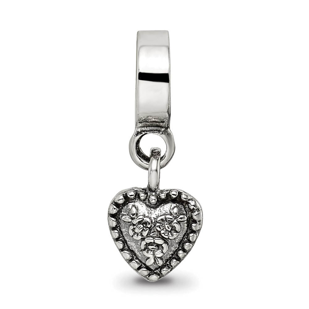 Alternate view of the Sterling Silver Floral Heart Dangle Bead Charm by The Black Bow Jewelry Co.