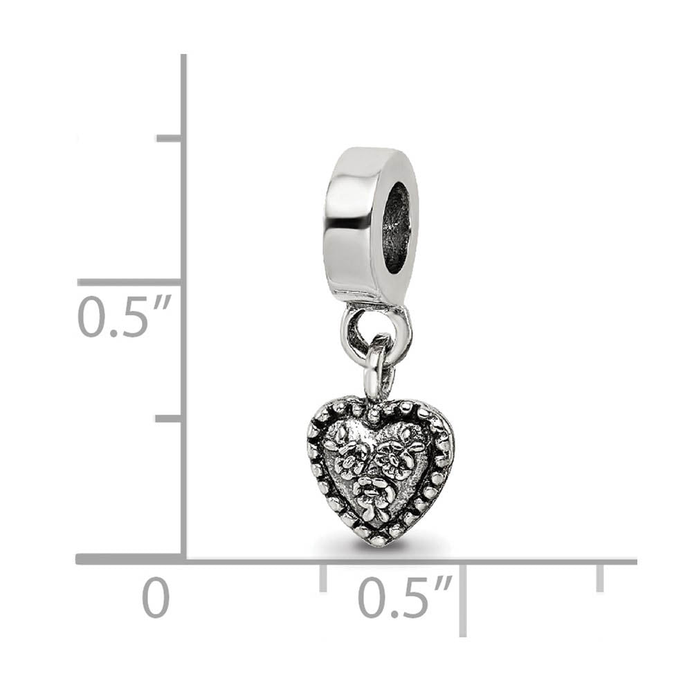 Alternate view of the Sterling Silver Floral Heart Dangle Bead Charm by The Black Bow Jewelry Co.