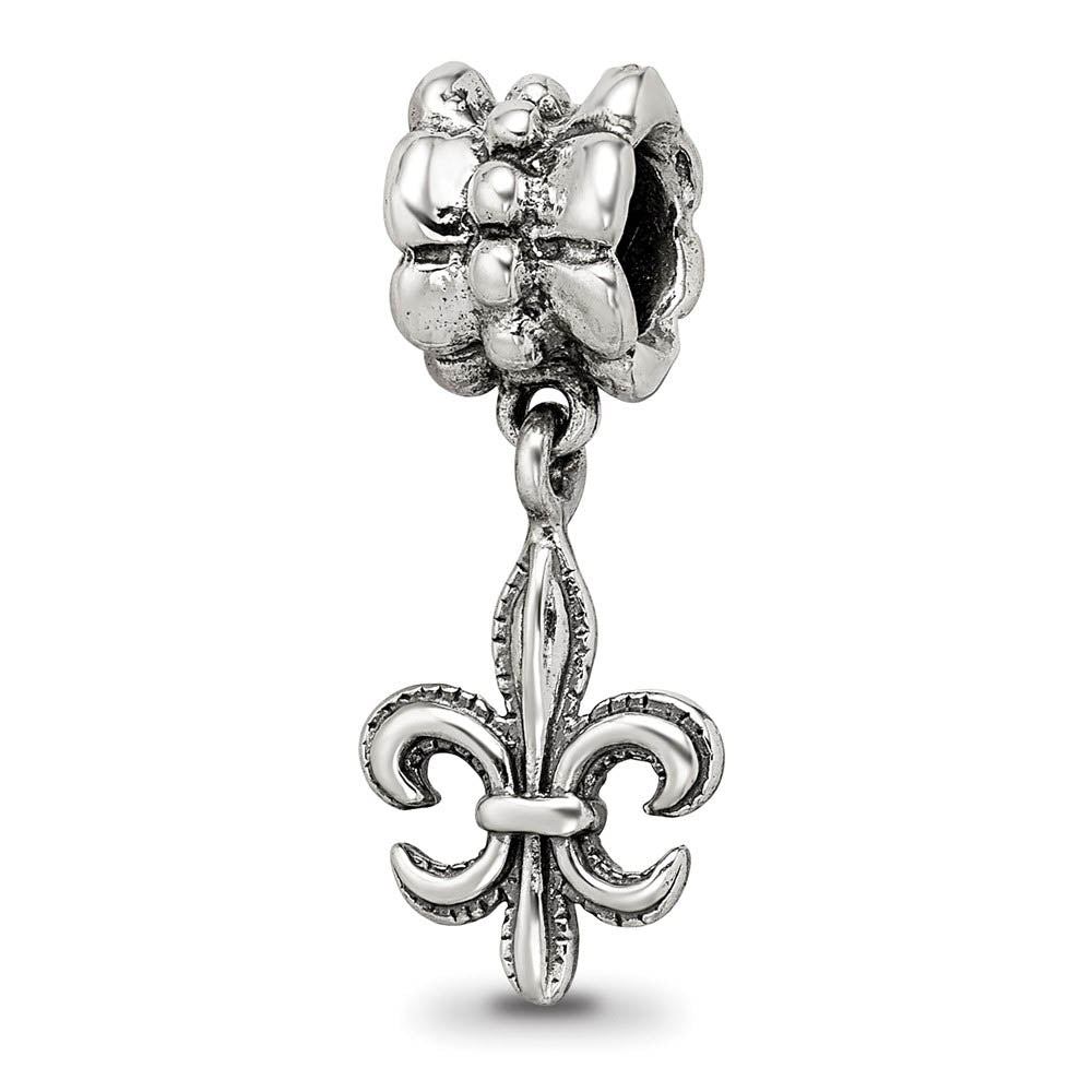 Sterling Silver Antiqued Fleur de lis Dangle Bead Charm, Item B9827 by The Black Bow Jewelry Co.