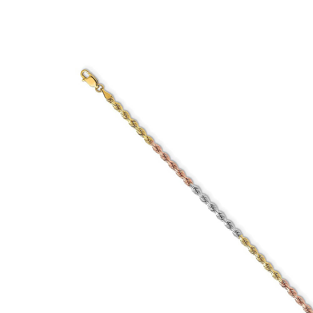 3mm 14k Tri-Color Gold, D/C Solid Rope Chain Necklace, Item C10043 by The Black Bow Jewelry Co.