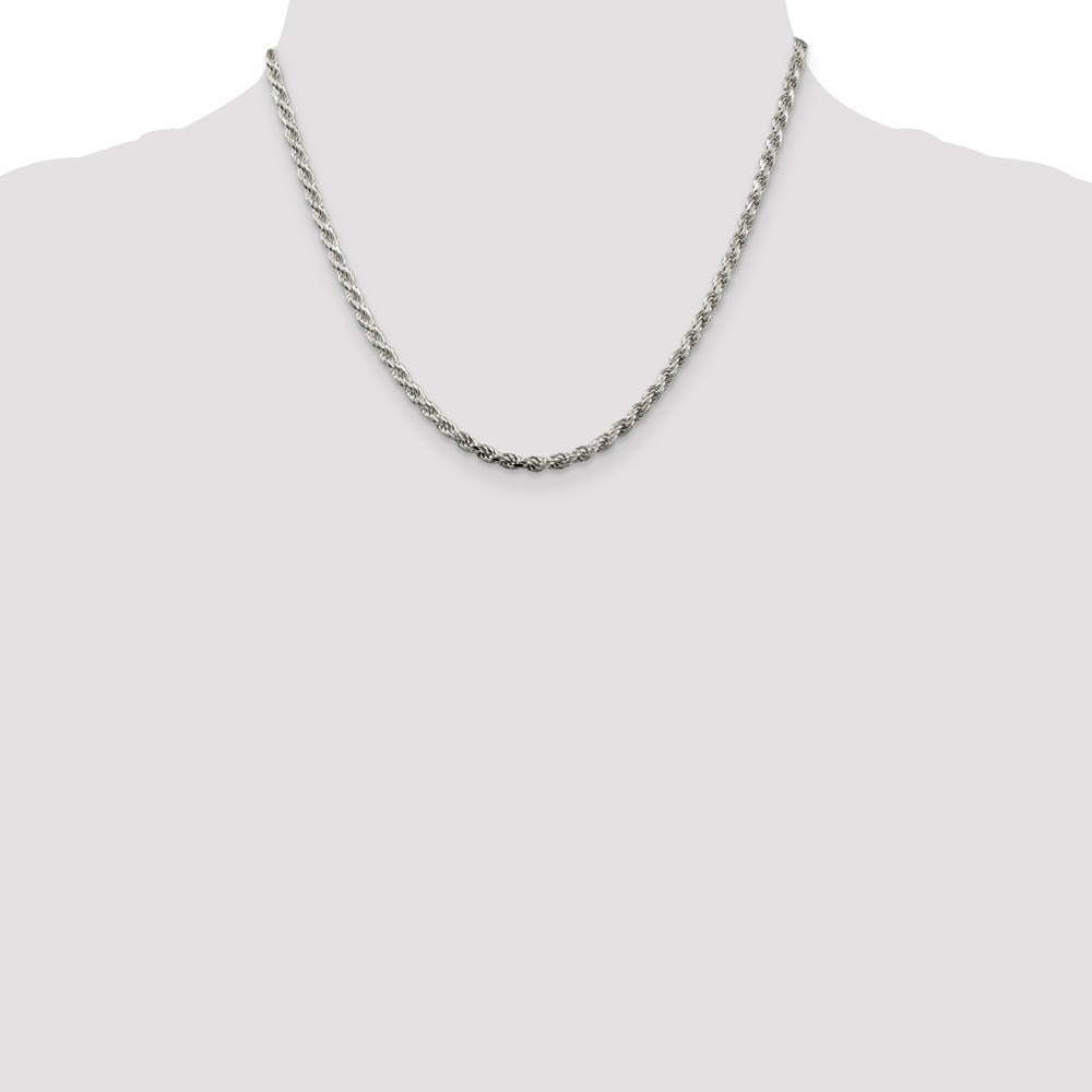 Alternate view of the 3mm Rhodium Plated Sterling Silver Solid D/C Rope Chain Necklace by The Black Bow Jewelry Co.