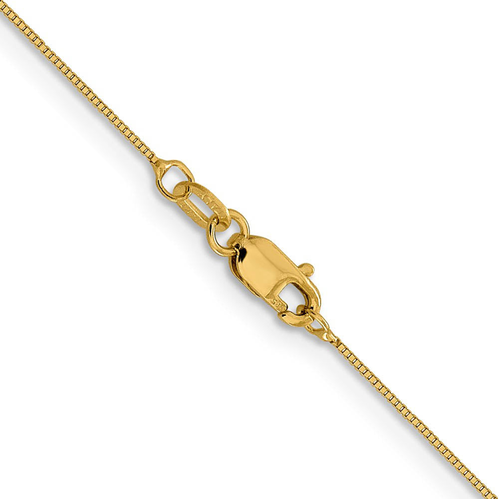 Alternate view of the 0.5mm 14K Yellow Gold Solid Box Chain Necklace by The Black Bow Jewelry Co.