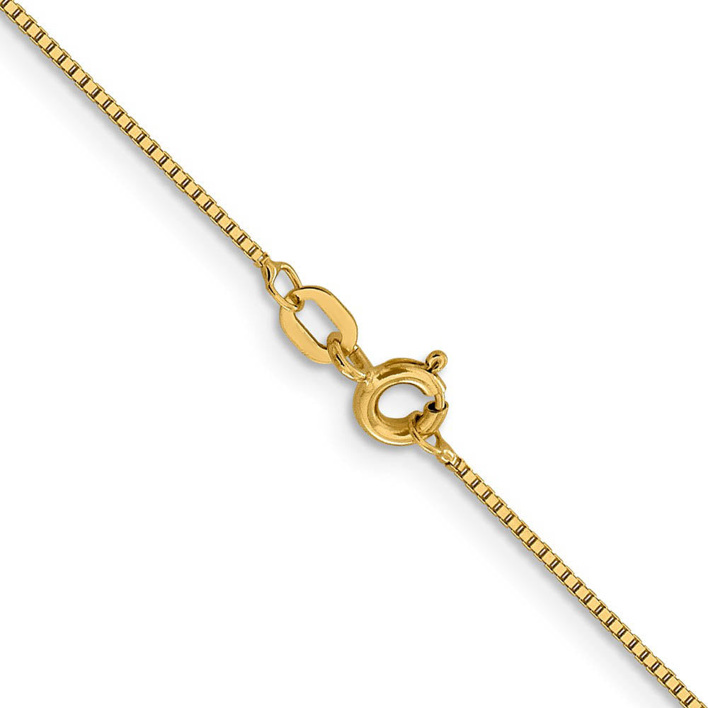 Alternate view of the 0.8mm 14k Yellow Gold Solid Box Chain Spring Ring Clasp Necklace by The Black Bow Jewelry Co.