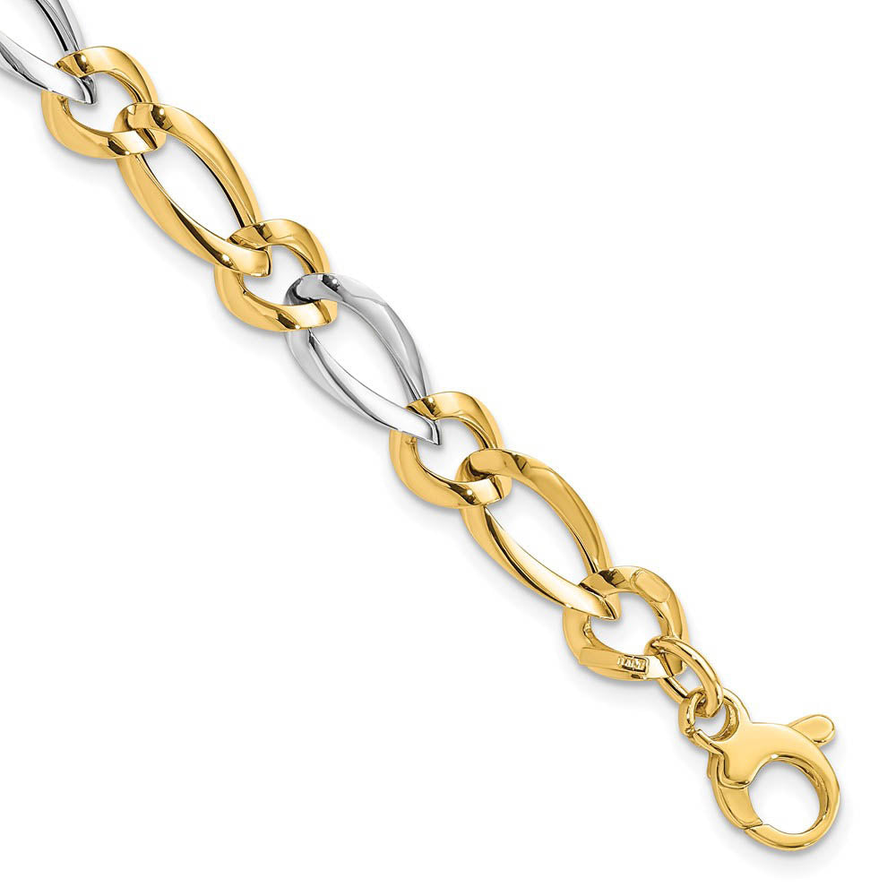 7.5mm 14K Two Tone Gold Hollow Polished Link Chain Bracelet, 7.25 Inch, Item C10665 by The Black Bow Jewelry Co.
