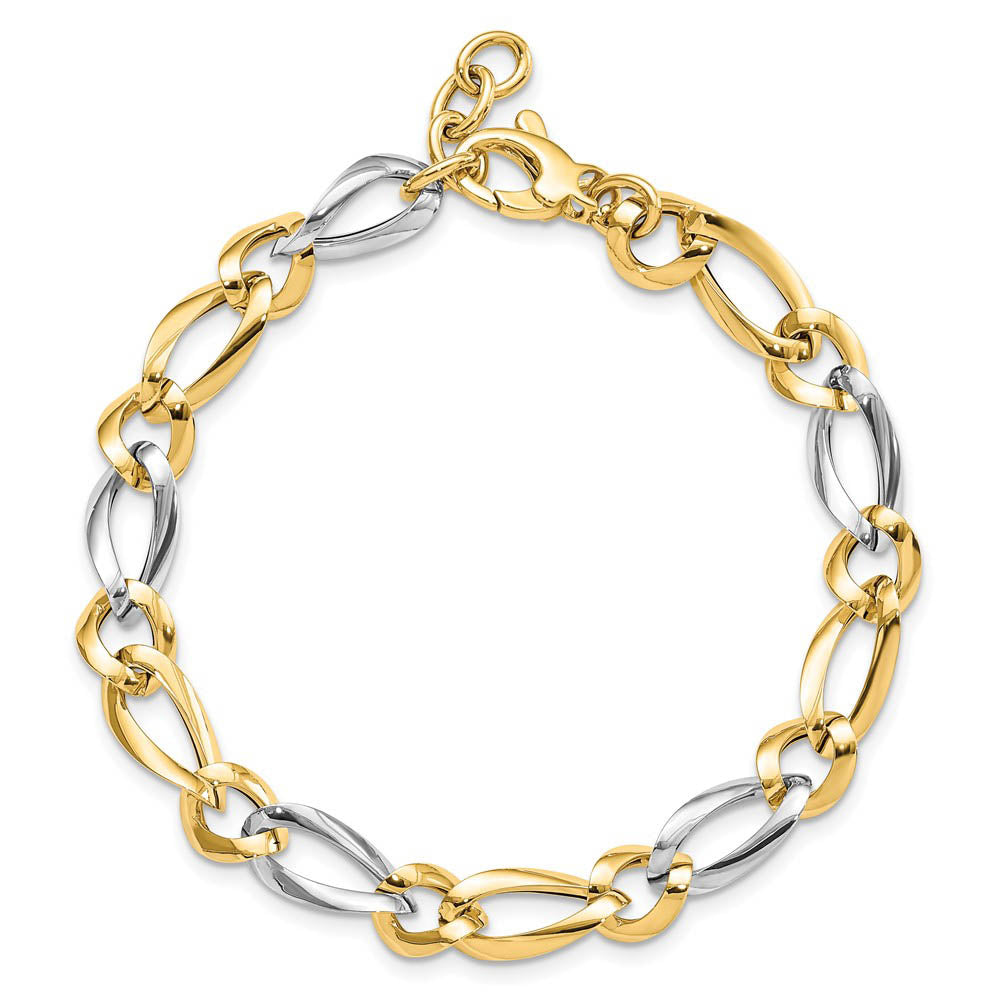Alternate view of the 7.5mm 14K Two Tone Gold Hollow Polished Link Chain Bracelet, 7.25 Inch by The Black Bow Jewelry Co.