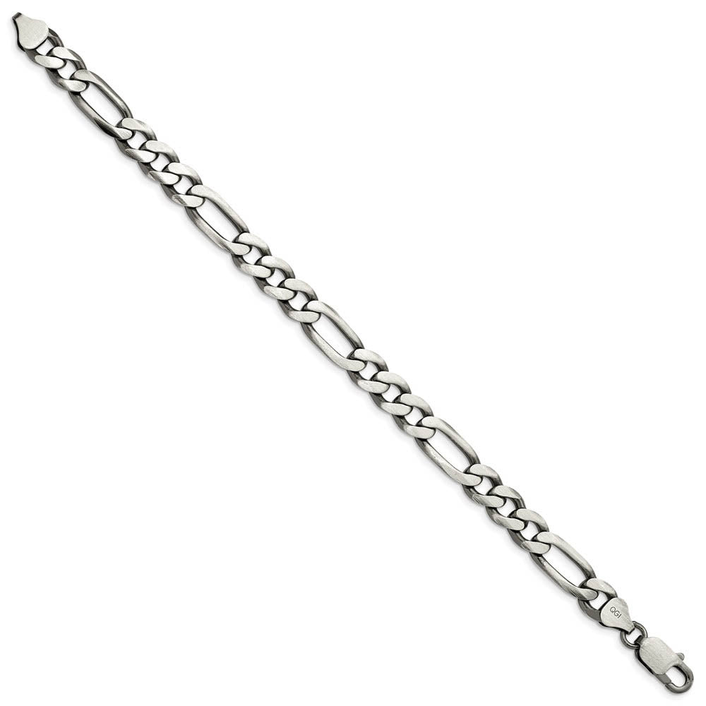 Alternate view of the Mens 7.75mm Sterling Silver Solid Antiqued Figaro Chain Bracelet by The Black Bow Jewelry Co.