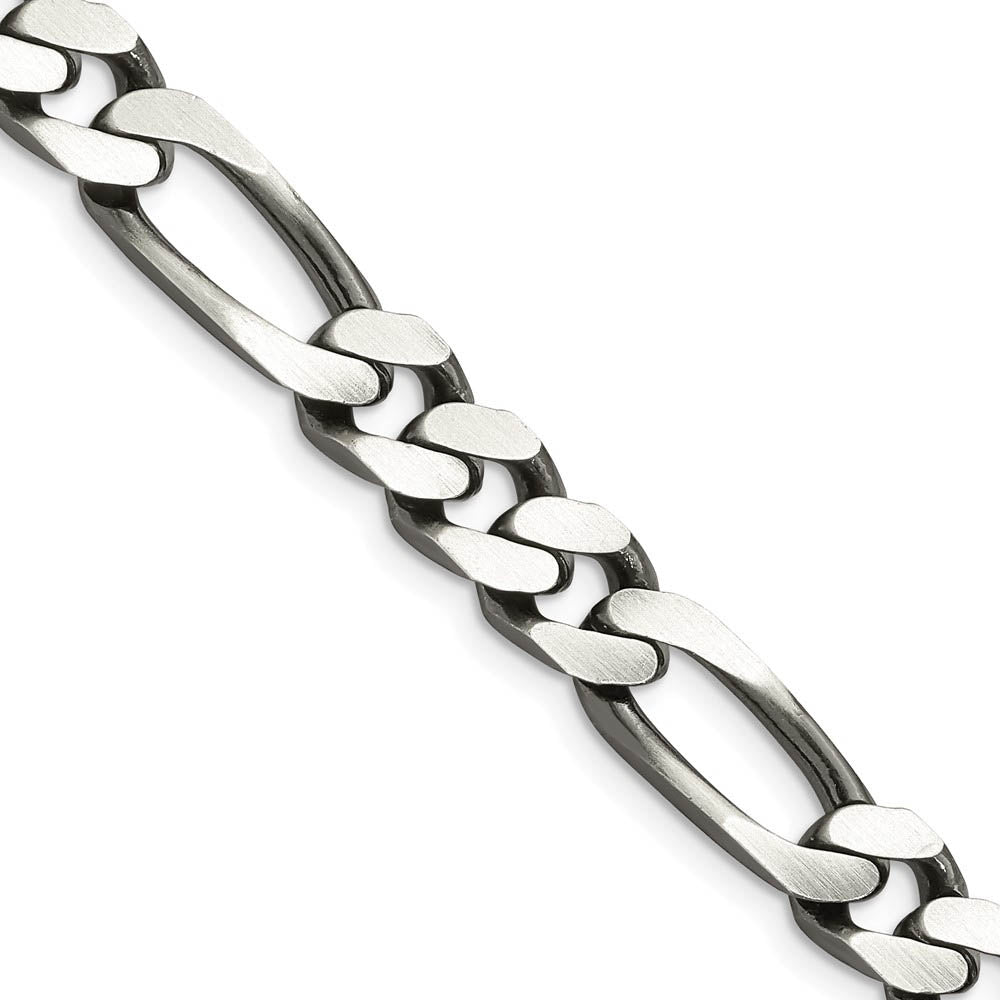 Mens 9mm Sterling Silver Solid Antiqued Figaro Chain Bracelet, Item C10697-B by The Black Bow Jewelry Co.