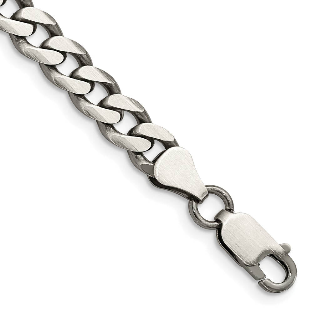 Men's 7mm Sterling Silver Solid Antiqued Flat Curb Chain Bracelet, Item C10702-B by The Black Bow Jewelry Co.