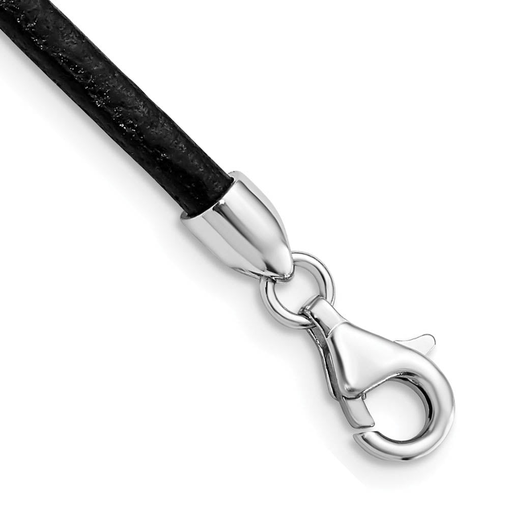 Alternate view of the 3mm Black Leather Cord Chain & Rhodium Sterling Silver Clasp Necklace by The Black Bow Jewelry Co.