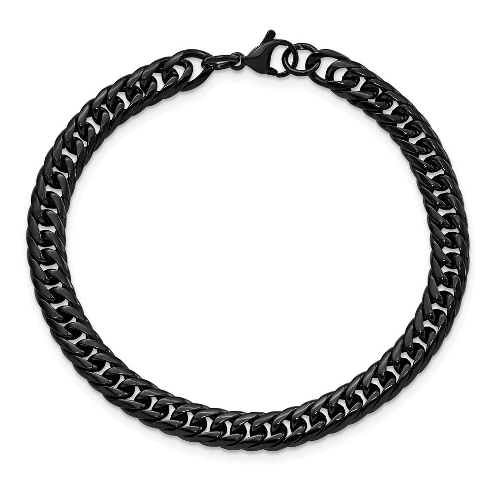 Alternate view of the 7mm Black Plated Stainless Steel Double Curb Chain Bracelet, 9 Inch by The Black Bow Jewelry Co.