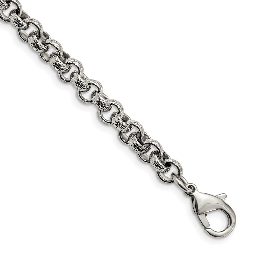 Men's 7mm Stainless Steel Textured Rolo Chain Bracelet, 8.25 Inch, Item C10800-0825 by The Black Bow Jewelry Co.