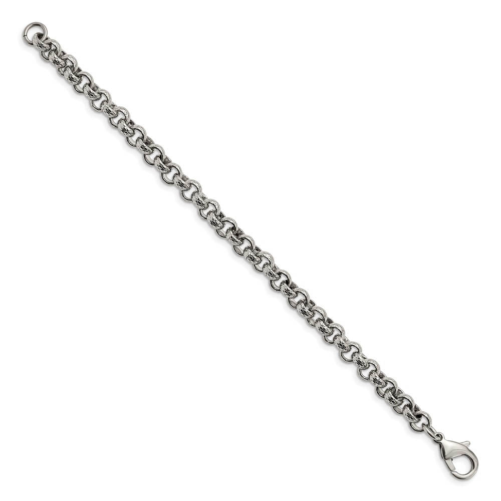 Alternate view of the Men's 7mm Stainless Steel Textured Rolo Chain Bracelet, 8.25 Inch by The Black Bow Jewelry Co.