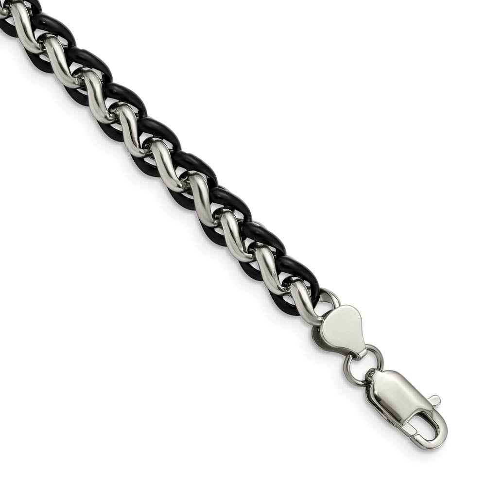 Men's 7mm Stainless Steel & Black Plated Spiga Chain Bracelet, 8.25 In, Item C10804-0825 by The Black Bow Jewelry Co.