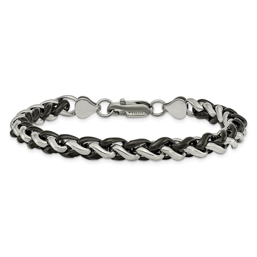 Alternate view of the Men's 7mm Stainless Steel & Black Plated Spiga Chain Bracelet, 8.25 In by The Black Bow Jewelry Co.