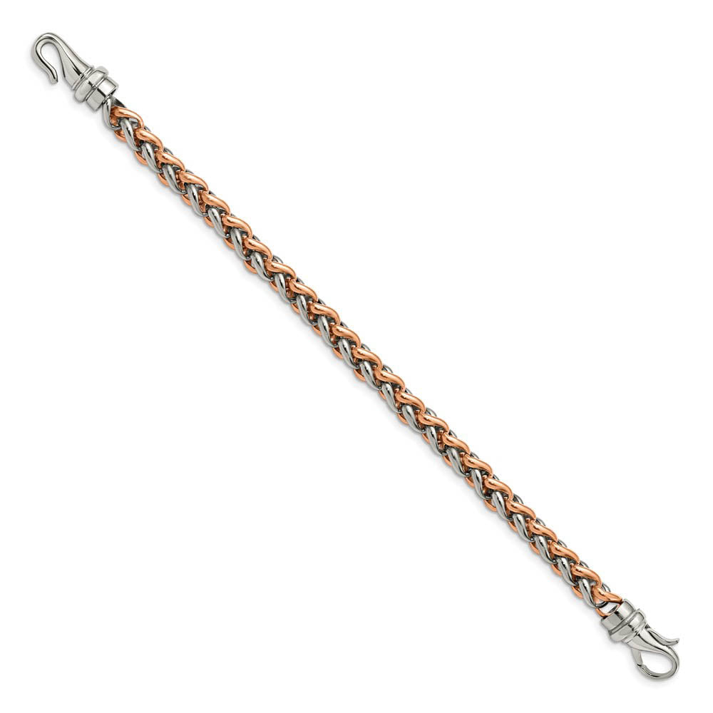 Alternate view of the 7mm Stainless Steel & Rose Plated Spiga Chain Bracelet, 8.5 Inch by The Black Bow Jewelry Co.