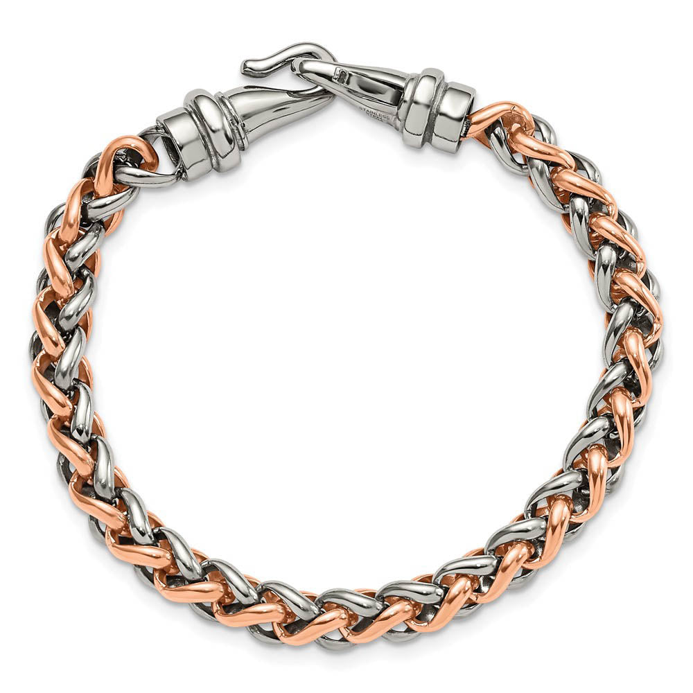Alternate view of the 7mm Stainless Steel & Rose Plated Spiga Chain Bracelet, 8.5 Inch by The Black Bow Jewelry Co.