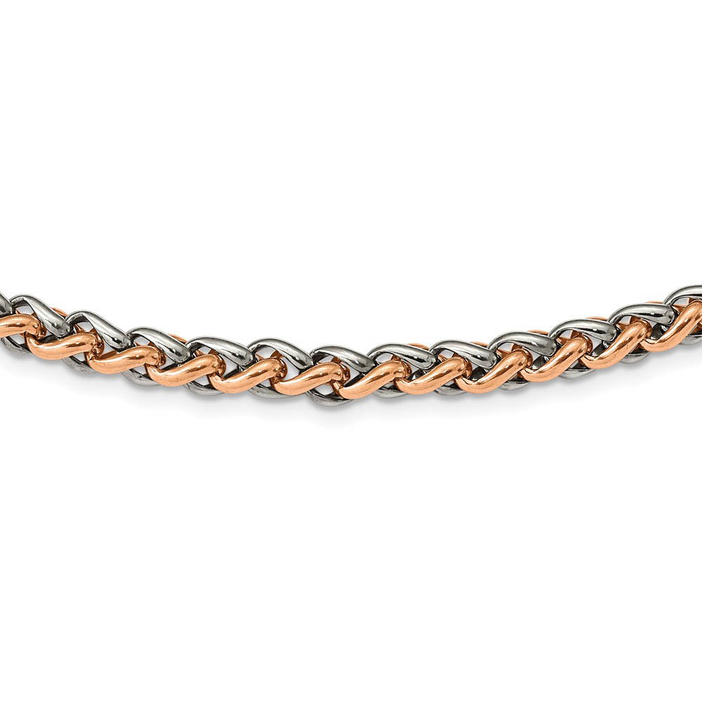 Alternate view of the 7mm Stainless Steel & Rose Plated Spiga Chain Necklace, 24 Inch by The Black Bow Jewelry Co.