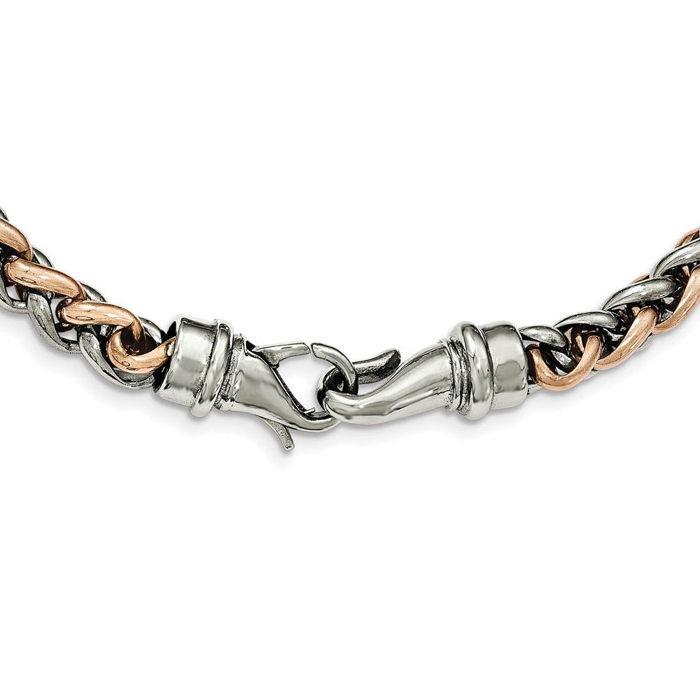 Alternate view of the 7mm Stainless Steel & Rose Plated Spiga Chain Necklace, 24 Inch by The Black Bow Jewelry Co.