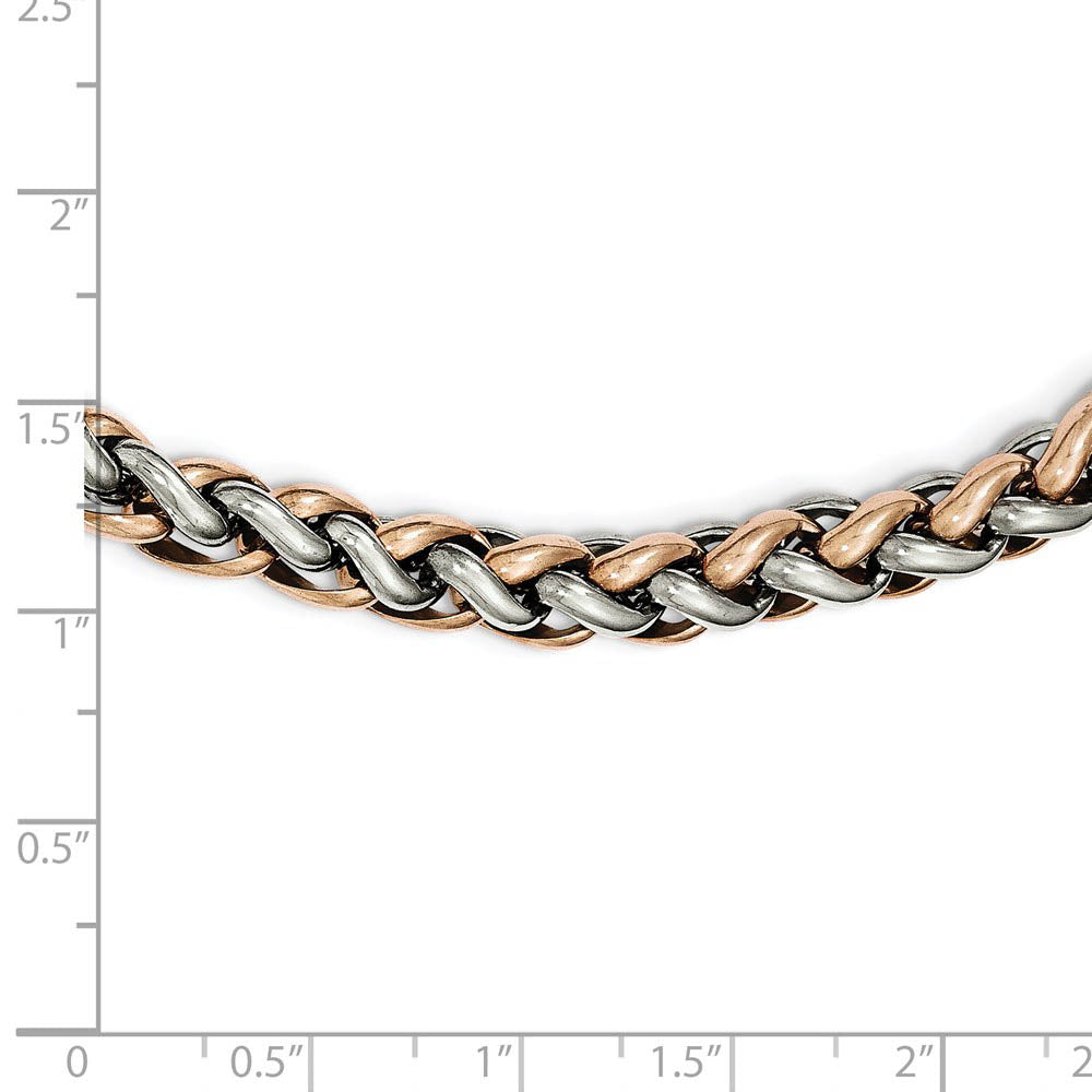 Alternate view of the 7mm Stainless Steel & Rose Plated Spiga Chain Necklace, 24 Inch by The Black Bow Jewelry Co.