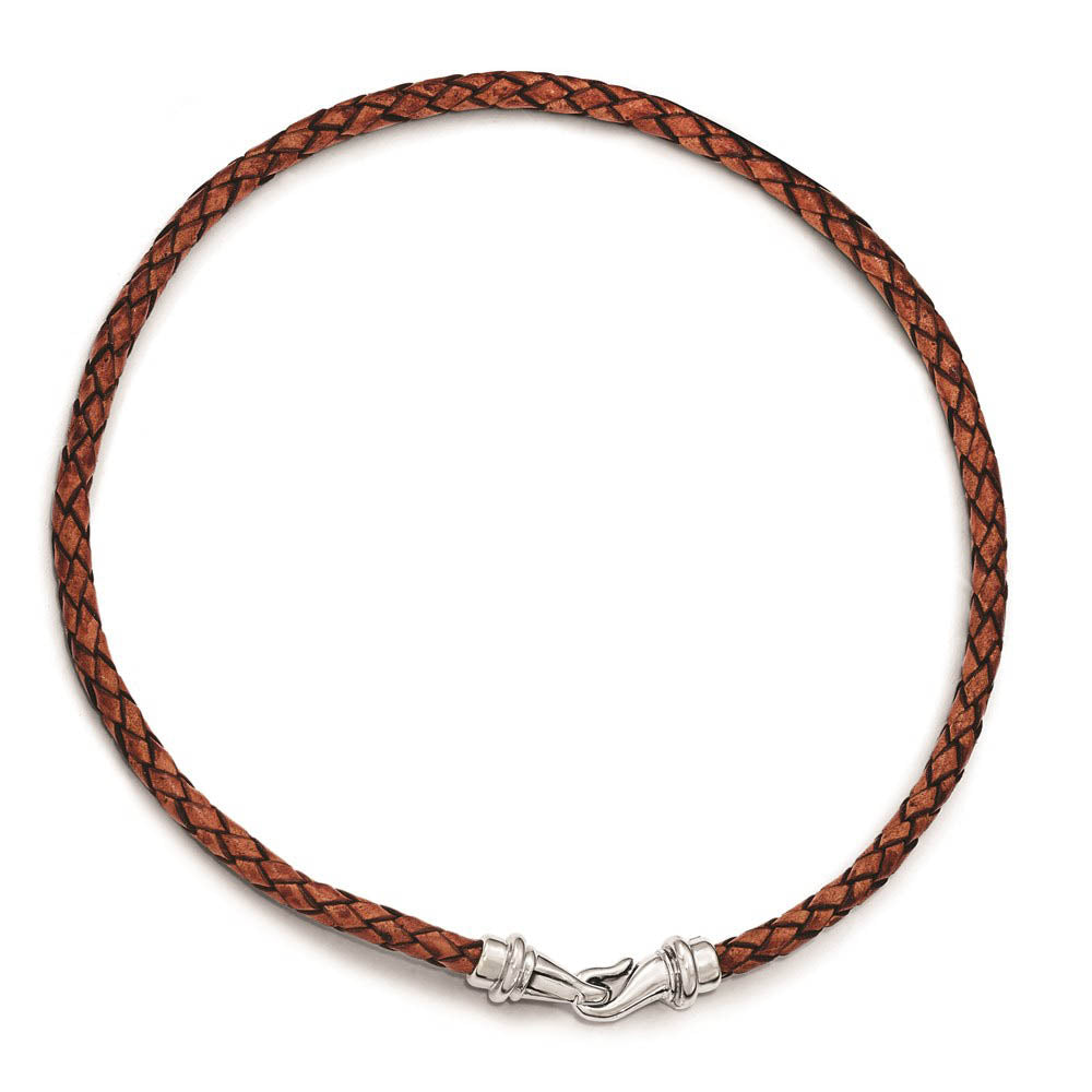 Alternate view of the 5mm Woven Brown Leather Stainless Steel Cord Chain Necklace, 19.5 Inch by The Black Bow Jewelry Co.