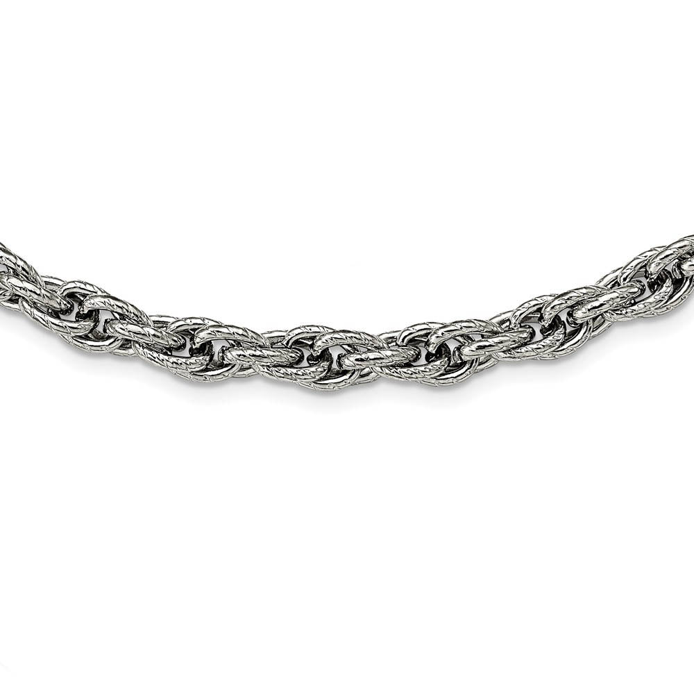 Alternate view of the 7.5mm Stainless Steel Textured Fancy Loose Rope Chain Necklace, 24 In by The Black Bow Jewelry Co.
