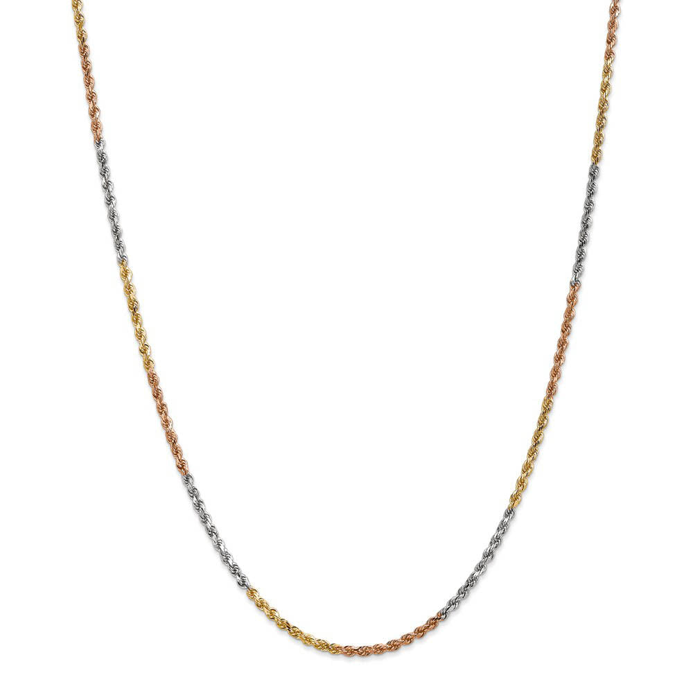 Alternate view of the 2.5mm, 14k Tri-Color Gold, D/C Solid Rope Chain Necklace by The Black Bow Jewelry Co.