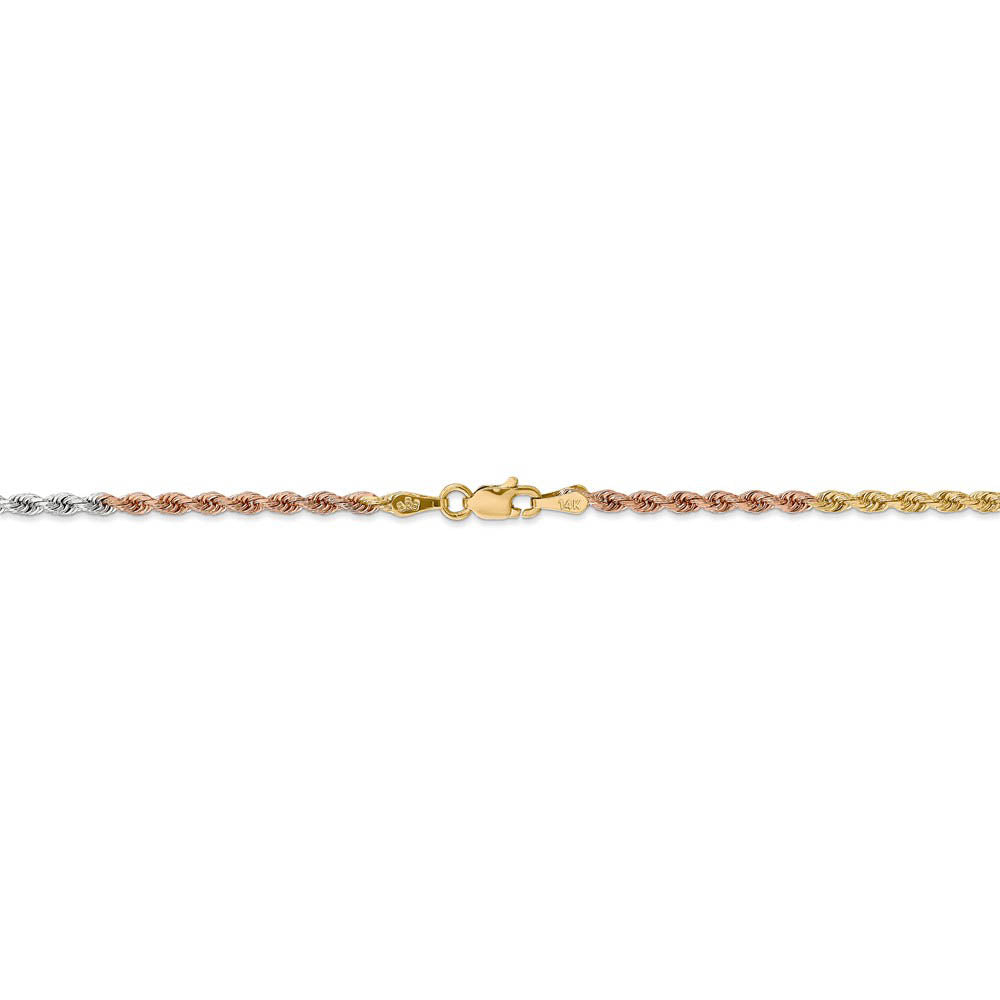 Alternate view of the 2.5mm, 14k Tri-Color Gold, D/C Solid Rope Chain Necklace by The Black Bow Jewelry Co.