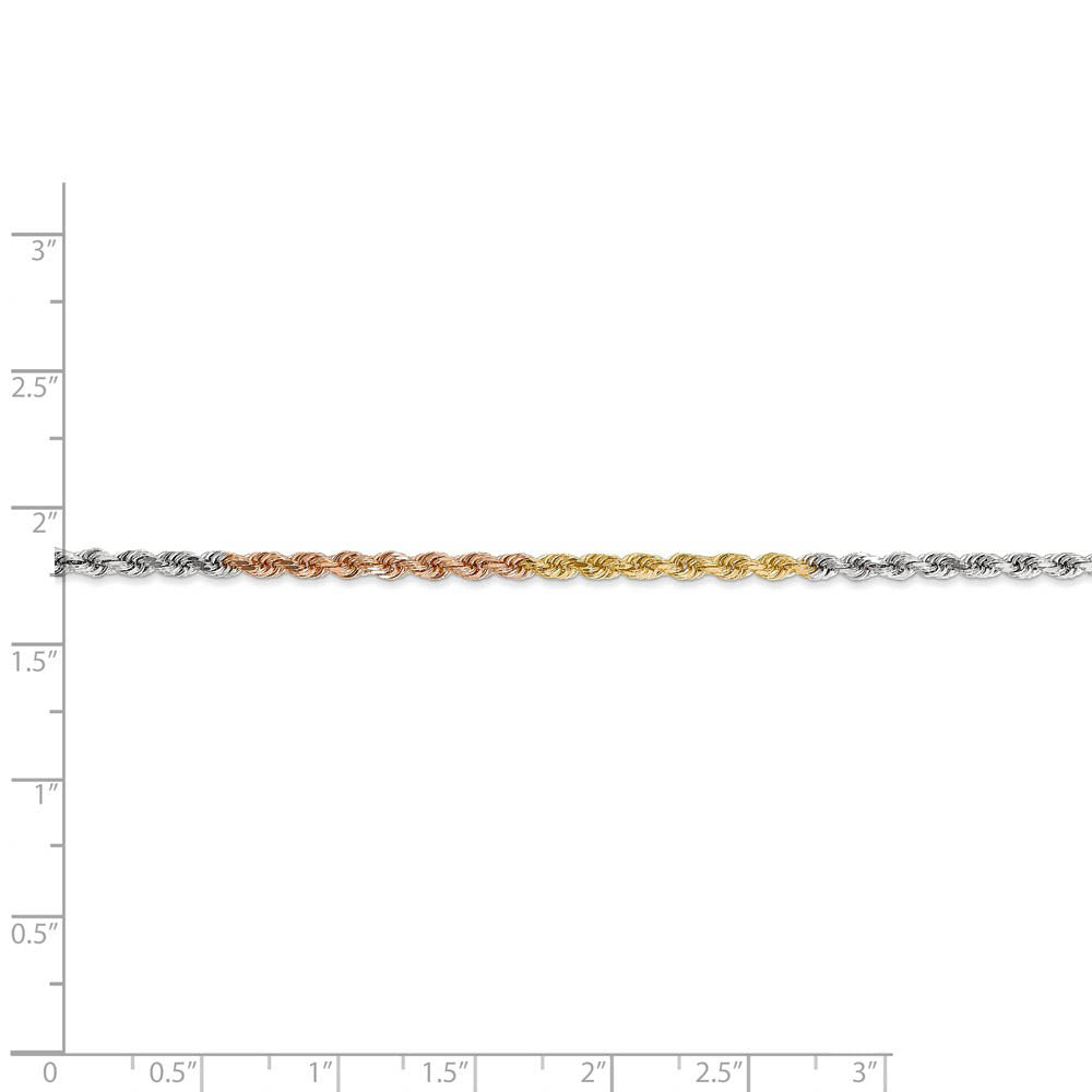 Alternate view of the 2.5mm, 14k Tri-Color Gold, D/C Solid Rope Chain Necklace by The Black Bow Jewelry Co.