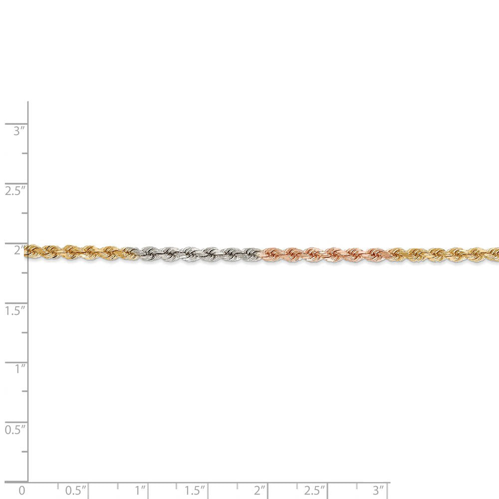 Alternate view of the 2.9mm, 14k Tri-Color Gold, D/C Solid Rope Chain Bracelet by The Black Bow Jewelry Co.
