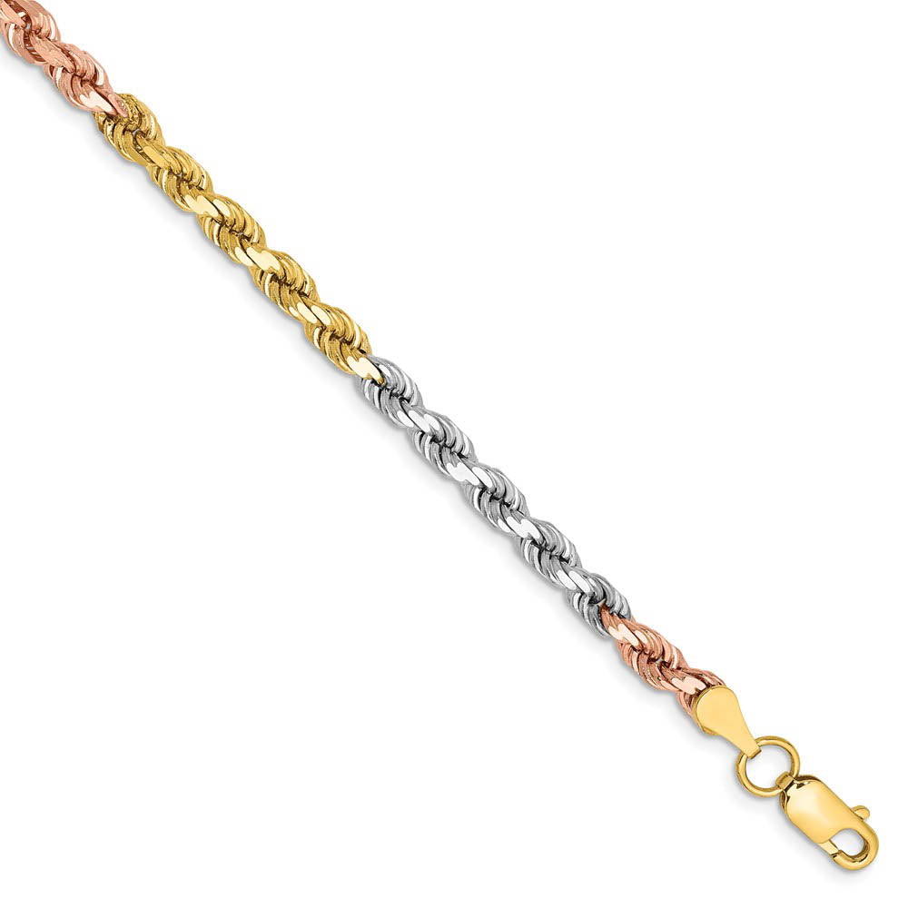 4mm, 14k Tri-Color Gold, D/C Solid Rope Chain Bracelet, Item C8173-B by The Black Bow Jewelry Co.