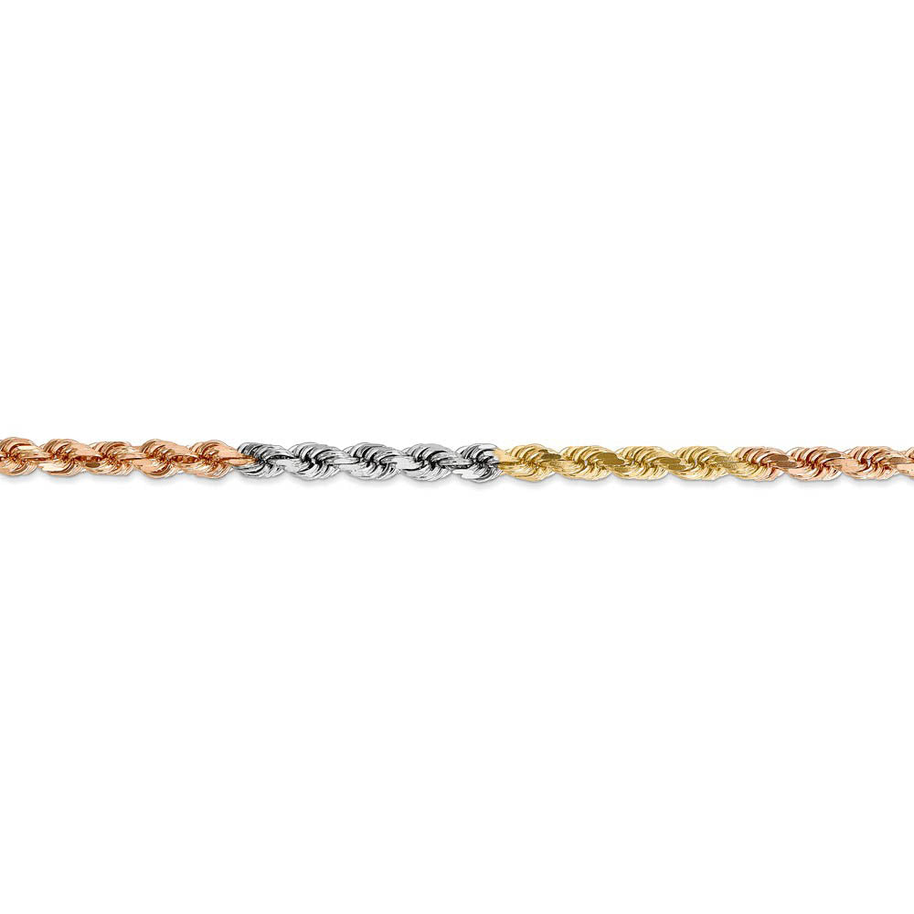 Alternate view of the 4mm, 14k Tri-Color Gold, D/C Solid Rope Chain Bracelet by The Black Bow Jewelry Co.