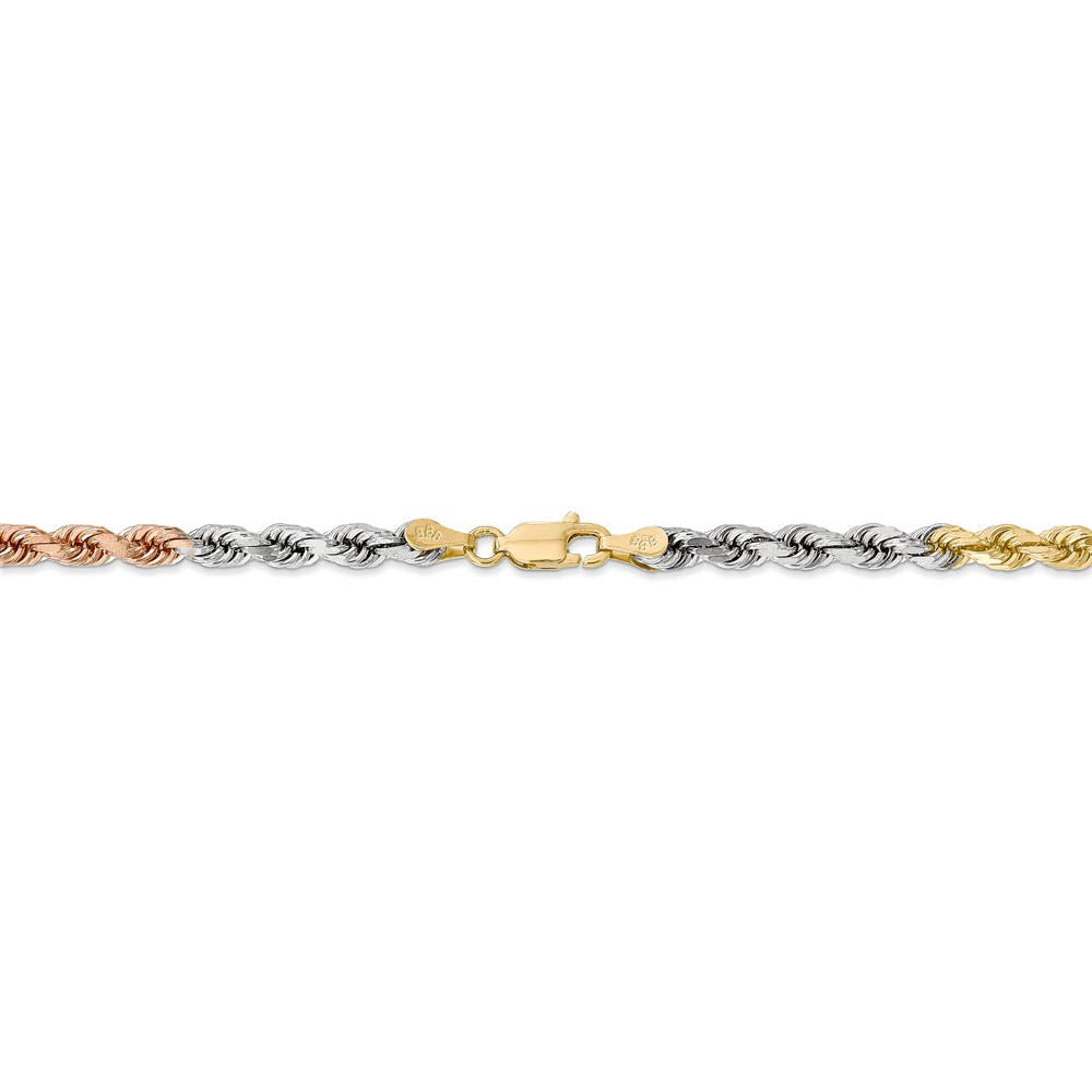 Alternate view of the 4mm, 14k Tri-Color Gold, D/C Solid Rope Chain Bracelet by The Black Bow Jewelry Co.