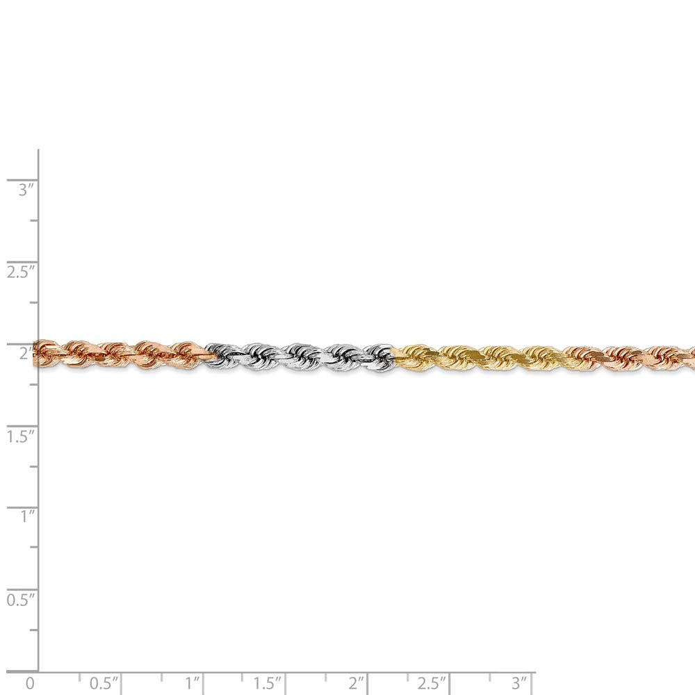 Alternate view of the 4mm, 14k Tri-Color Gold, D/C Solid Rope Chain Bracelet by The Black Bow Jewelry Co.