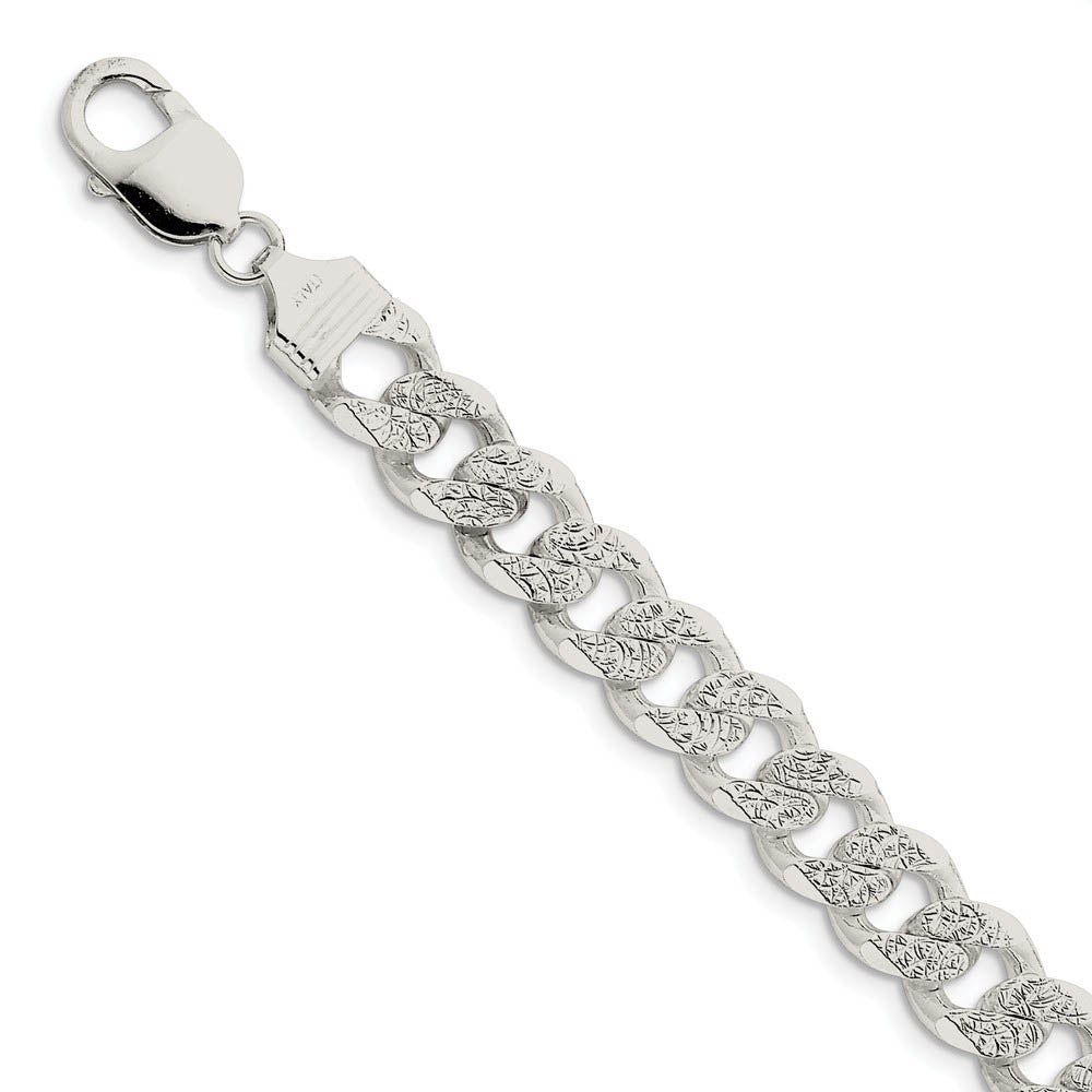 Men's 10.5mm, Sterling Silver Solid Pave Curb Chain Bracelet
