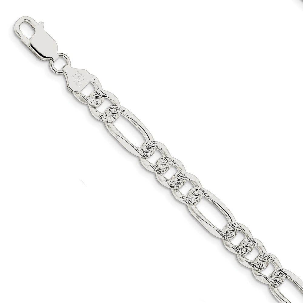 Men's 8mm Sterling Silver Solid Flat Pave Figaro Chain Bracelet, Item C8757-B by The Black Bow Jewelry Co.