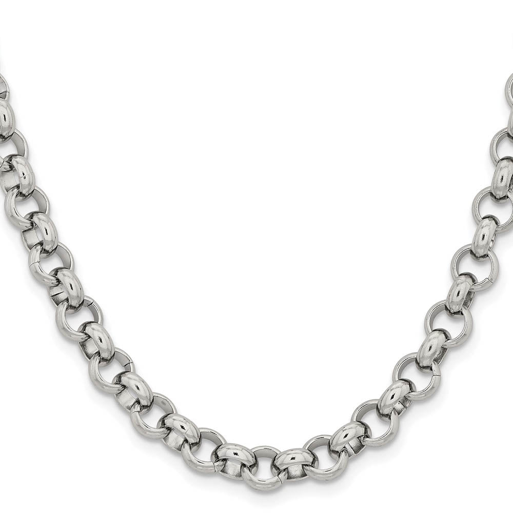 Alternate view of the Men's 8mm Stainless Steel Polished Rolo Chain Necklace by The Black Bow Jewelry Co.