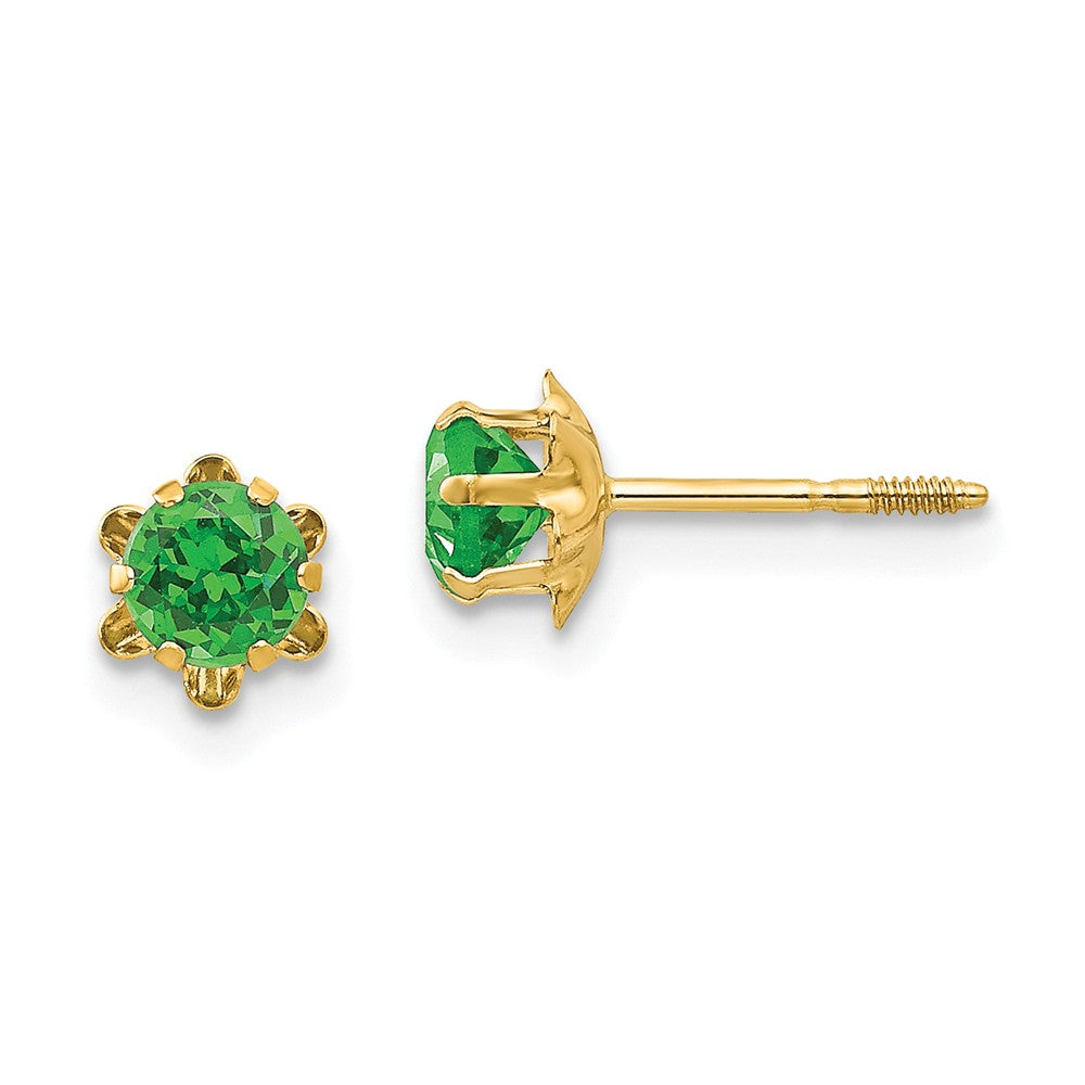 Kids 4mm Synthetic Emerald Screw Back Stud Earrings in 14k Yellow Gold, Item E10000 by The Black Bow Jewelry Co.