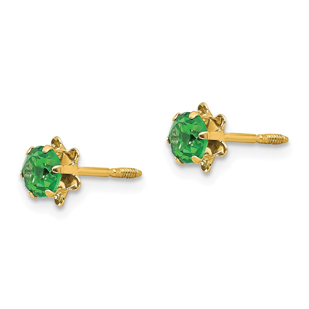 Alternate view of the Kids 4mm Synthetic Emerald Screw Back Stud Earrings in 14k Yellow Gold by The Black Bow Jewelry Co.