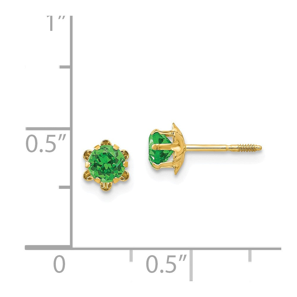 Alternate view of the Kids 4mm Synthetic Emerald Screw Back Stud Earrings in 14k Yellow Gold by The Black Bow Jewelry Co.