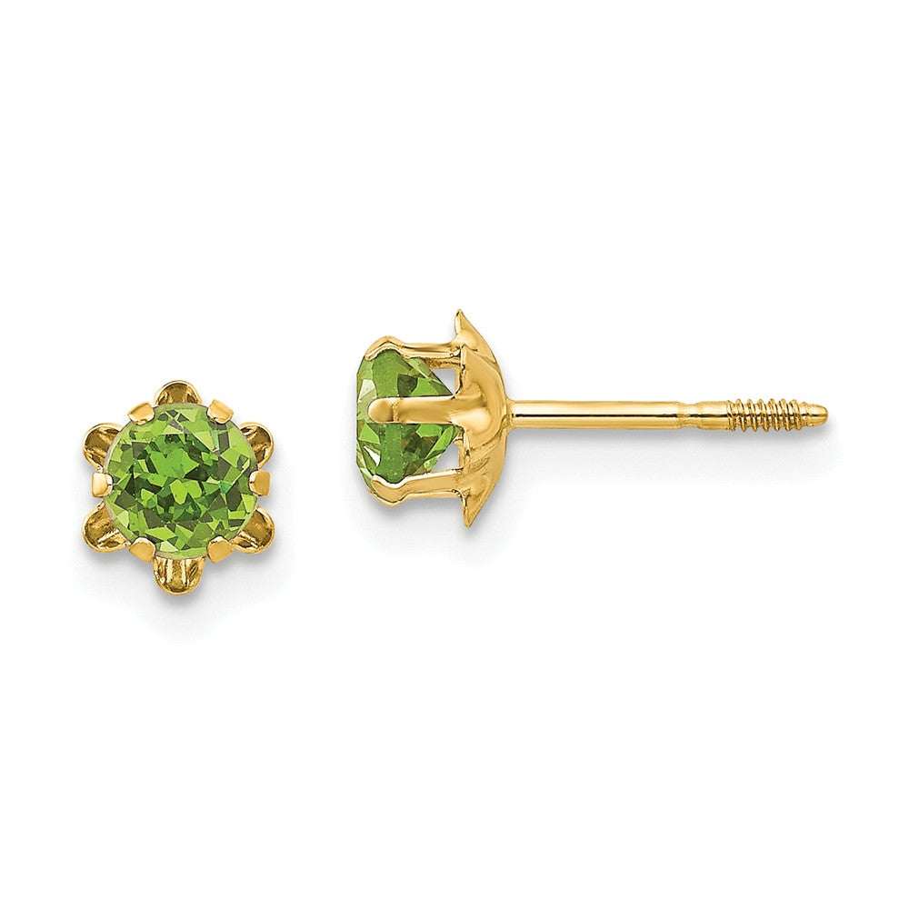 Kids 4mm Synthetic Peridot Screw Back Stud Earrings in 14k Yellow Gold, Item E10003 by The Black Bow Jewelry Co.