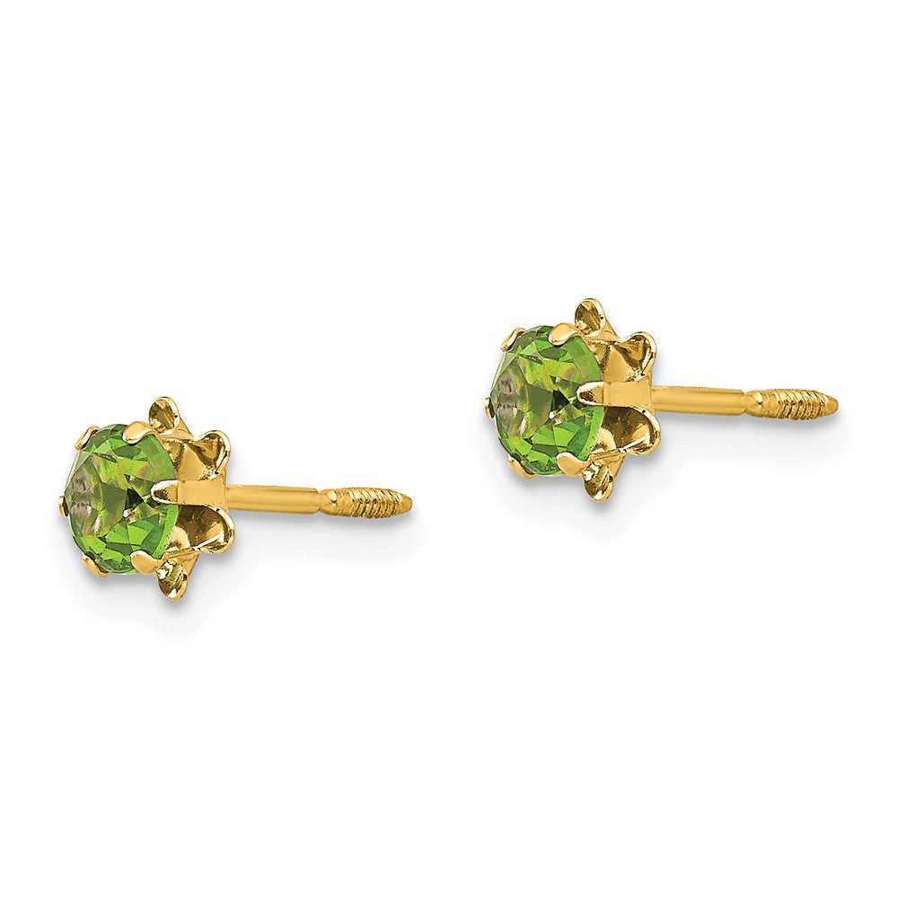 Alternate view of the Kids 4mm Synthetic Peridot Screw Back Stud Earrings in 14k Yellow Gold by The Black Bow Jewelry Co.
