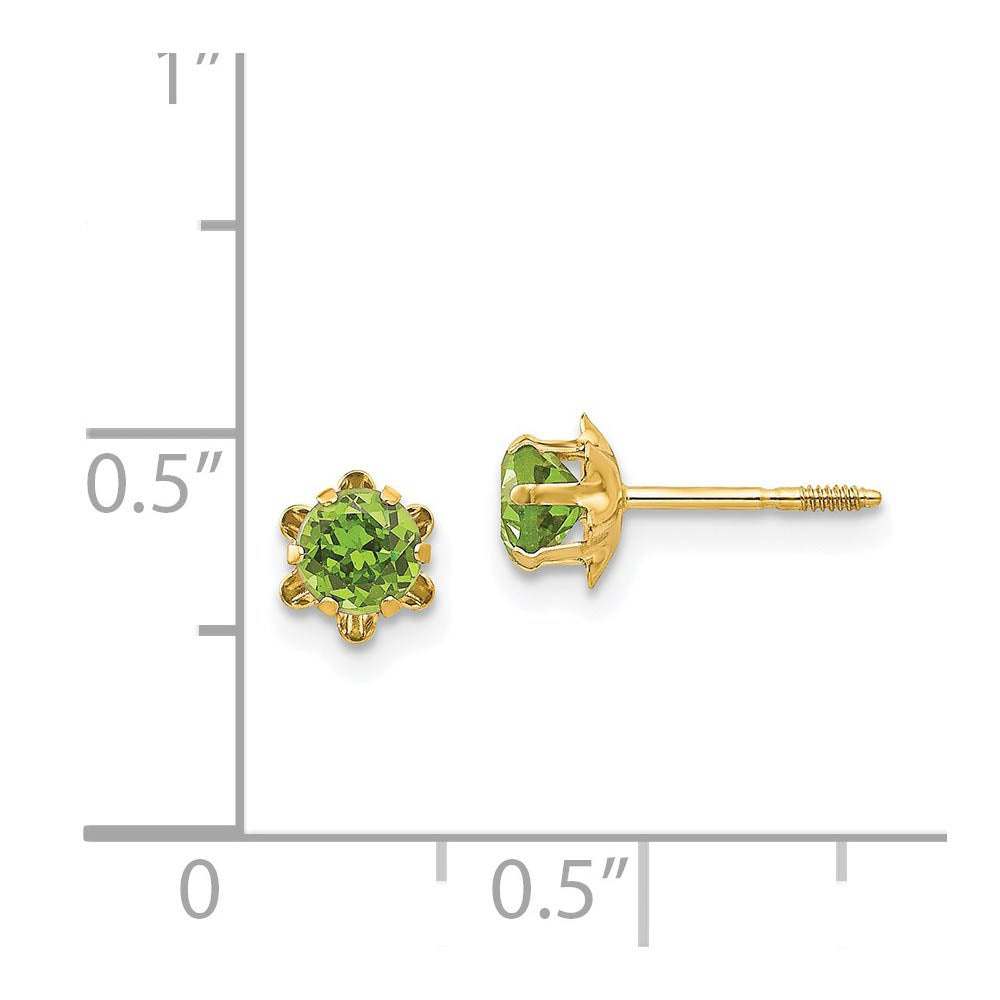 Alternate view of the Kids 4mm Synthetic Peridot Screw Back Stud Earrings in 14k Yellow Gold by The Black Bow Jewelry Co.