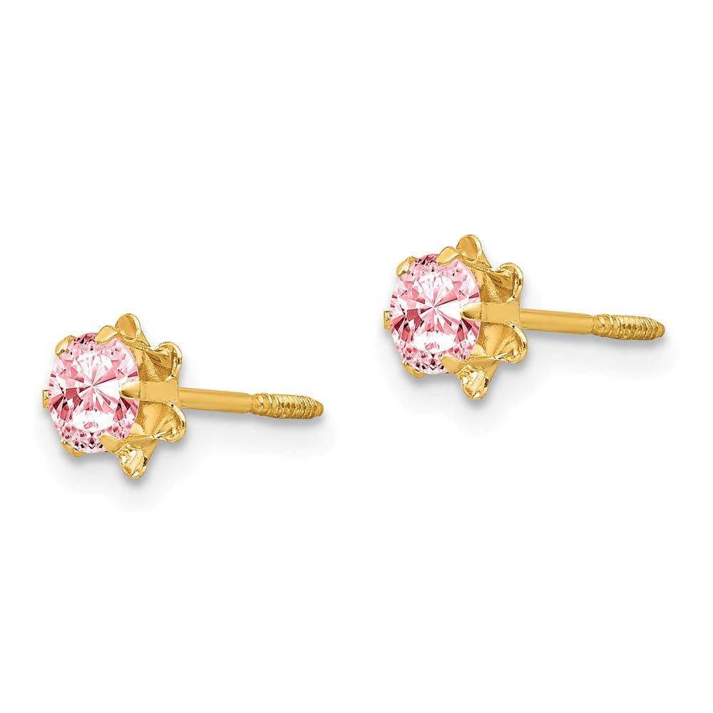 Alternate view of the Kids 4mm Synthetic Pink Tourmaline Screw Back 14k Gold Stud Earrings by The Black Bow Jewelry Co.