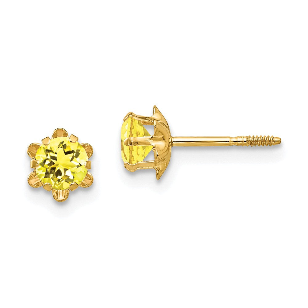 Kids 4mm Synthetic Citrine Screw Back Stud Earrings 14k Yellow Gold, Item E10006 by The Black Bow Jewelry Co.