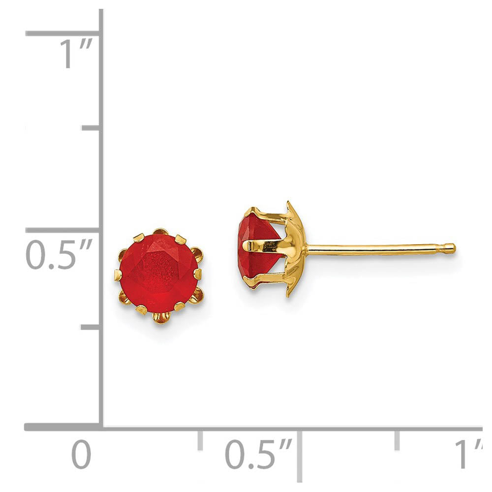 Alternate view of the Kids 5mm Synthetic Ruby Birthstone 14k Yellow Gold Stud Earrings by The Black Bow Jewelry Co.