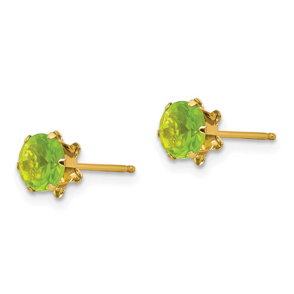 Alternate view of the Kids 5mm Synthetic Peridot Birthstone 14k Yellow Gold Stud Earrings by The Black Bow Jewelry Co.